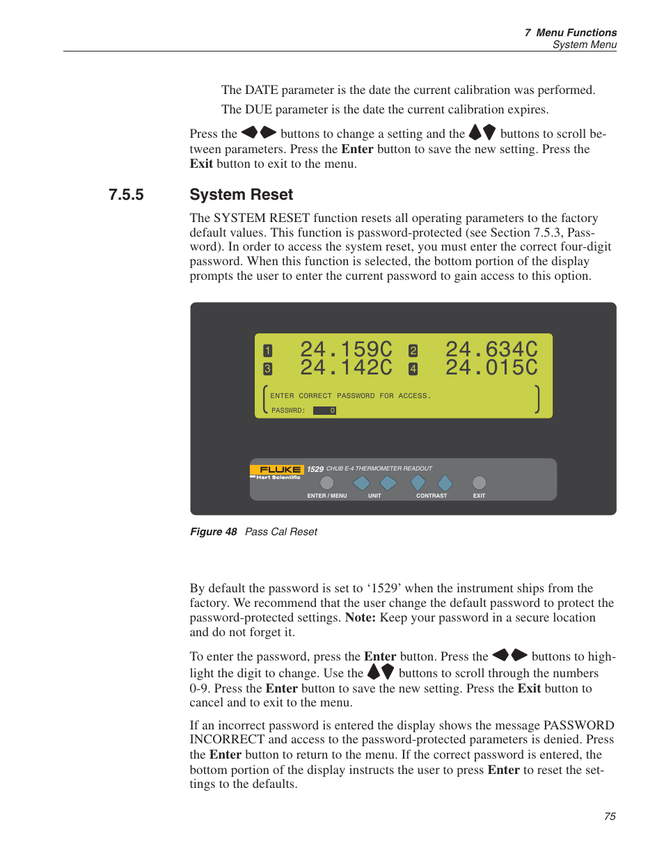 5 system reset 75, Figure 48 pass cal reset 75, Reset 75 | System reset 75, System reset, Figure 48, Pass cal reset, 159c, 142c, 634c | Fluke THE HART 1529 User Manual | Page 81 / 150
