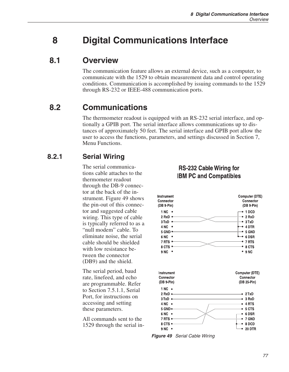 8 digital communications interface 77, 1 overview 77, 2 communications 77 | 1 serial wiring 77, Figure 49 serial cable wiring 77, Gpib 77, Serial interface 77, Digital communications interface, Overview, Communications | Fluke THE HART 1529 User Manual | Page 83 / 150