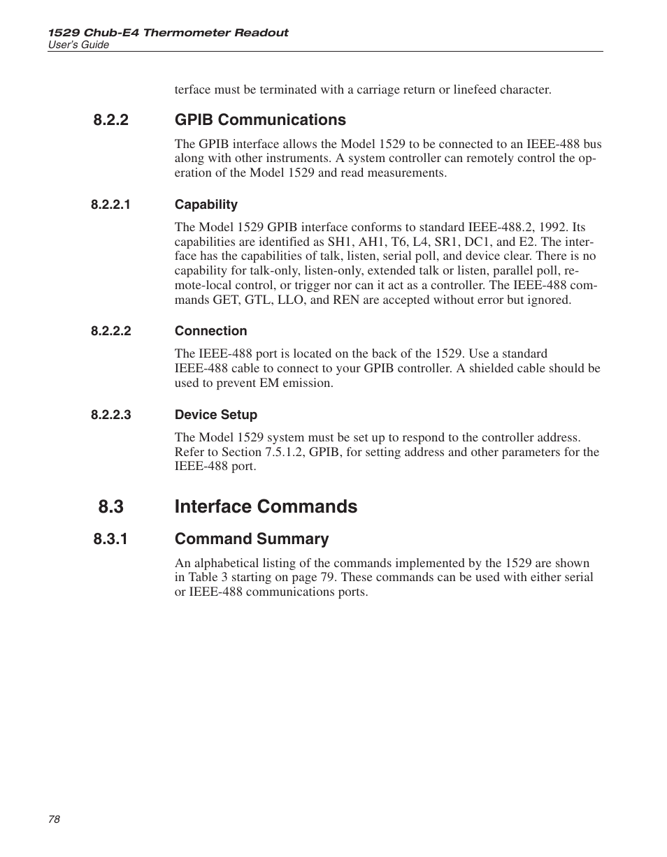 2 gpib communications 78, 1 capability 78, 2 connection 78 | 3 device setup 78, 3 interface commands 78, 1 command summary 78, Commands 78, Gpib communications, Capability, Connection | Fluke THE HART 1529 User Manual | Page 84 / 150