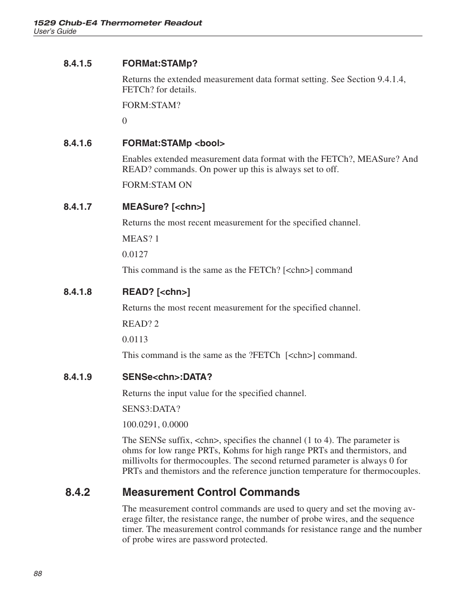 5 format:stamp? 88, 6 format:stamp <bool> 88, 7 measure? [<chn>] 88 | 8 read? [<chn>] 88, 9 sense<chn>:data? 88, 2 measurement control commands 88, Format:stamp, Format:stamp <bool, Measure? [<chn, Read? [<chn | Fluke THE HART 1529 User Manual | Page 94 / 150