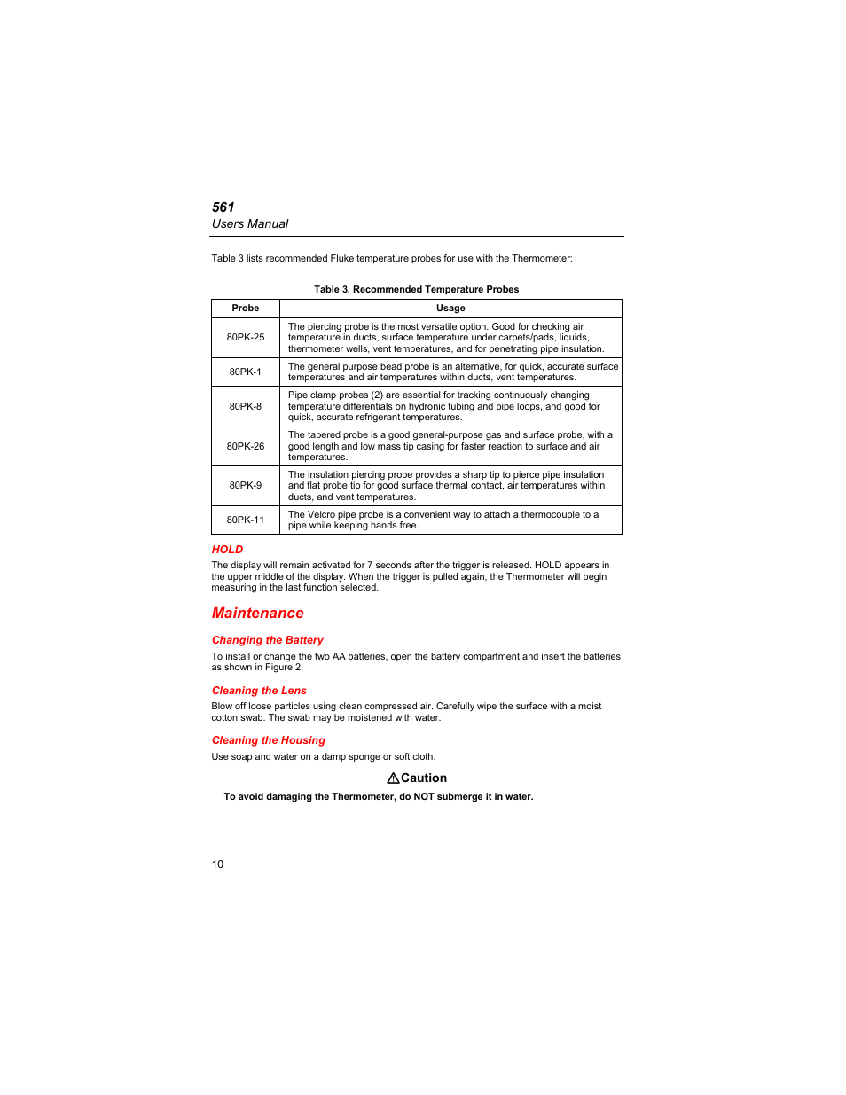 Hold, Maintenance, Changing the battery | Cleaning the lens, Cleaning the housing | Fluke 561s User Manual | Page 14 / 16