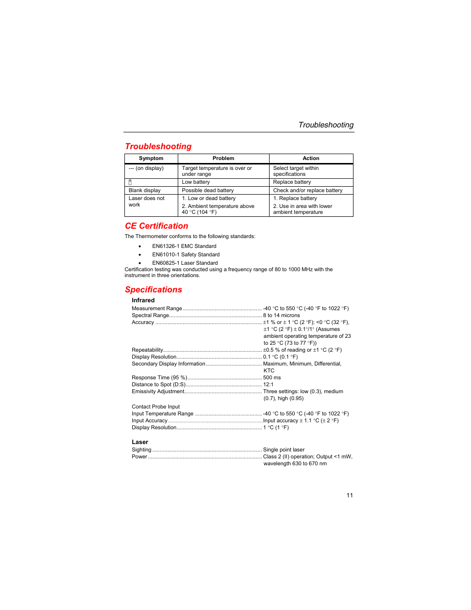 Troubleshooting, Ce certification, Specifications | Fluke 561s User Manual | Page 15 / 16