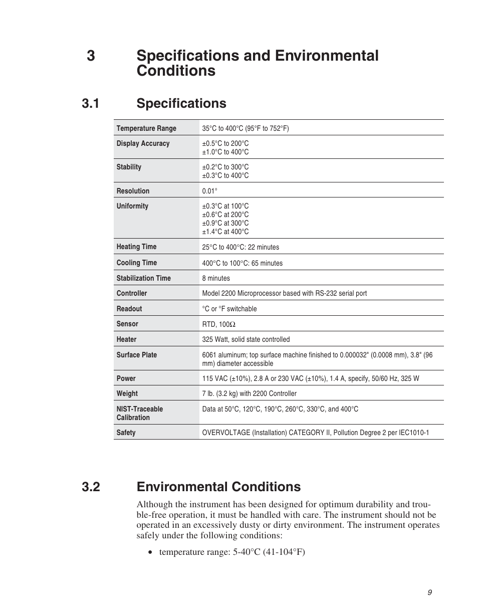 2 comments 12, 1 emc directive 12, 2 low voltage directive (safety) 12 | Comments, Emc directive, Low voltage directive (safety), 3specifications and environmental conditions, 1 specifications, 2 environmental conditions | Fluke Detachable Hot Plate 3125 User Manual | Page 13 / 16