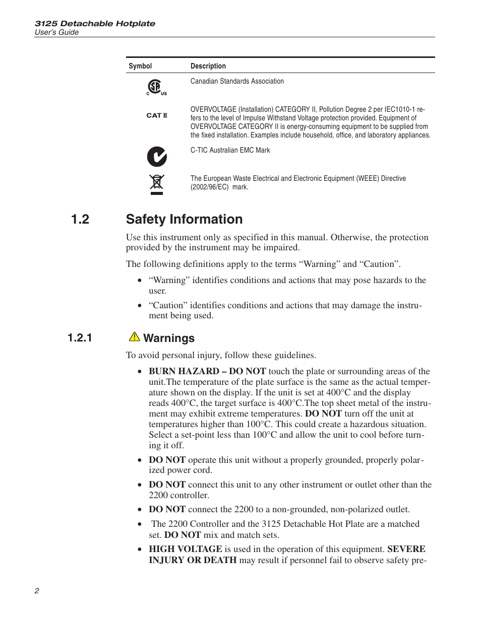 2 safety information, 1 warnings | Fluke Detachable Hot Plate 3125 User Manual | Page 6 / 16