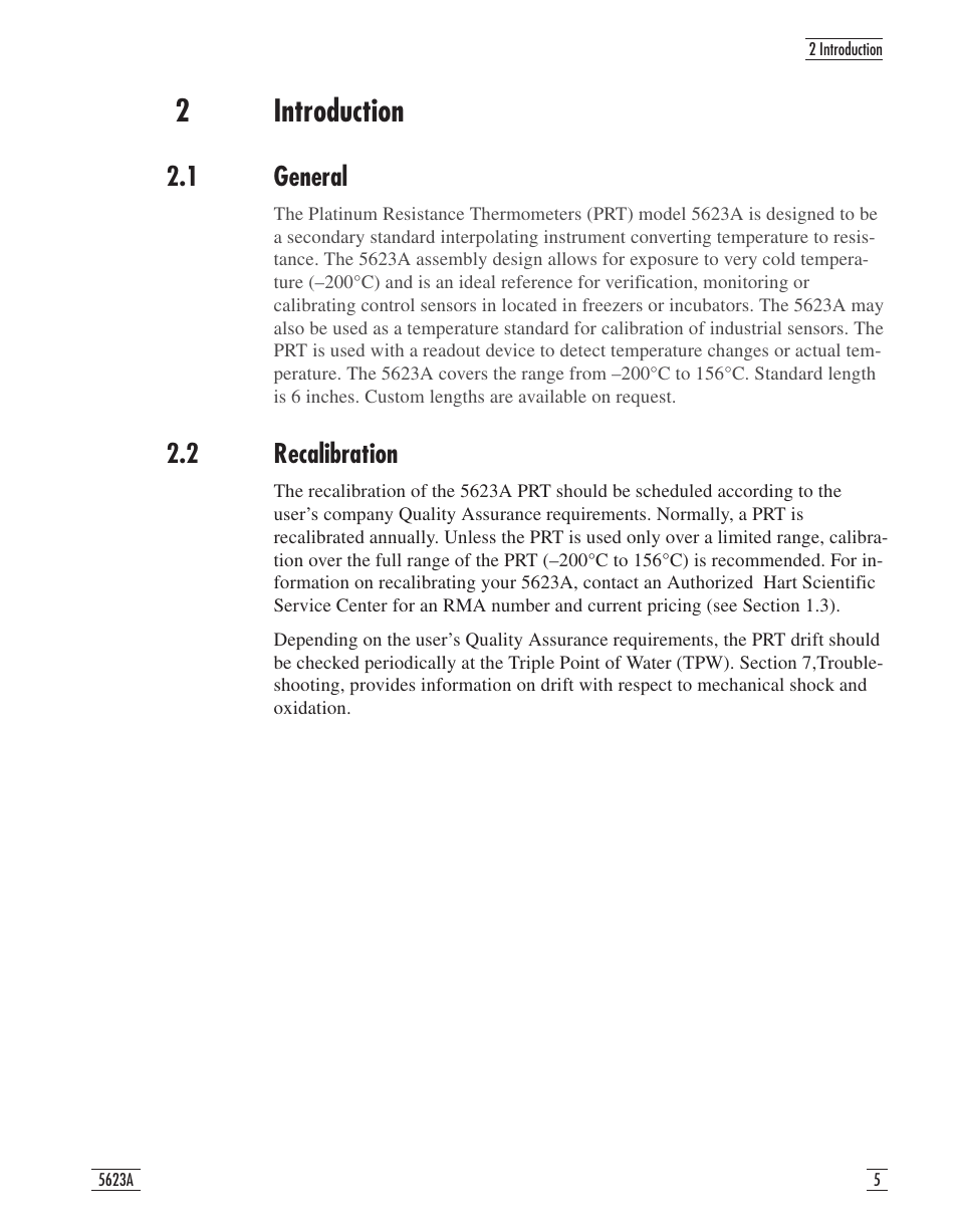 2 introduction 5, 1 general 5, 2 recalibration 5 | 2 introduction, 1 general 2.2 recalibration, 2introduction, 1 general, 2 recalibration | Fluke 5623A User Manual | Page 10 / 17