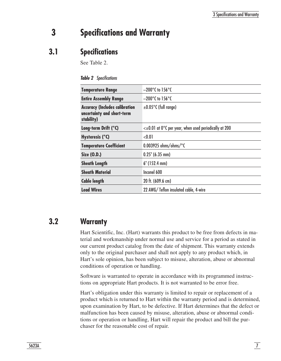 3 specifications and warranty 7, 1 specifications 7, 2 warranty 7 | Table 2 specifications 7, 3 specifications and warranty, 1 specifications 3.2 warranty, Table 2, Specifications, 3specifications and warranty, 1 specifications | Fluke 5623A User Manual | Page 11 / 17