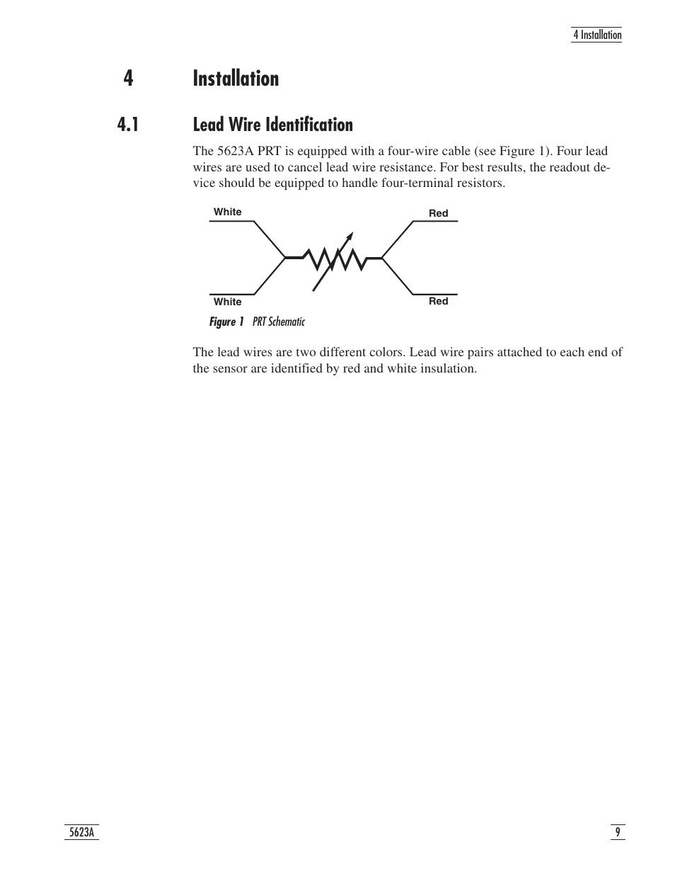 4 installation 9, 1 lead wire identification 9, Figure 1 prt schematic 9 | 4 installation, 1 lead wire identification, 4installation | Fluke 5623A User Manual | Page 13 / 17
