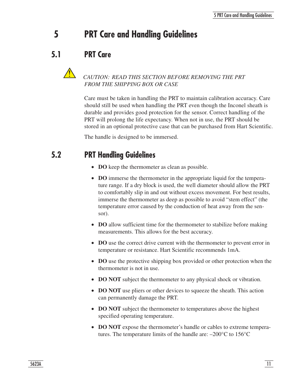 5 prt care and handling guidelines 11, 1 prt care 11, 2 prt handling guidelines 11 | 5 prt care and handling guidelines, 1 prt care 5.2 prt handling guidelines, 5prt care and handling guidelines, 1 prt care, 2 prt handling guidelines | Fluke 5623A User Manual | Page 14 / 17