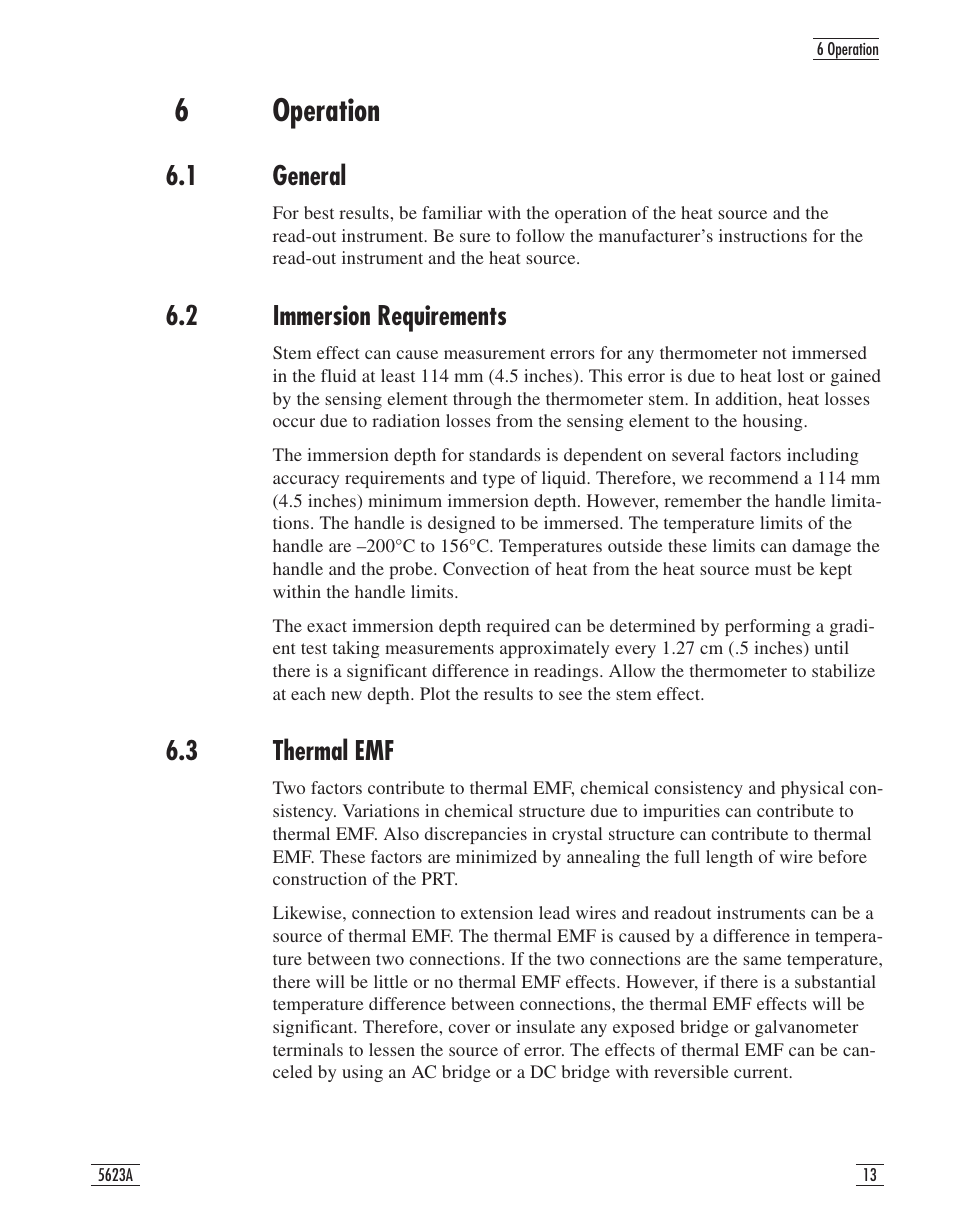 6 operation 13, 1 general 13, 2 immersion requirements 13 | 3 thermal emf 13, 6 operation, 6operation, 1 general, 2 immersion requirements, 3 thermal emf | Fluke 5623A User Manual | Page 16 / 17
