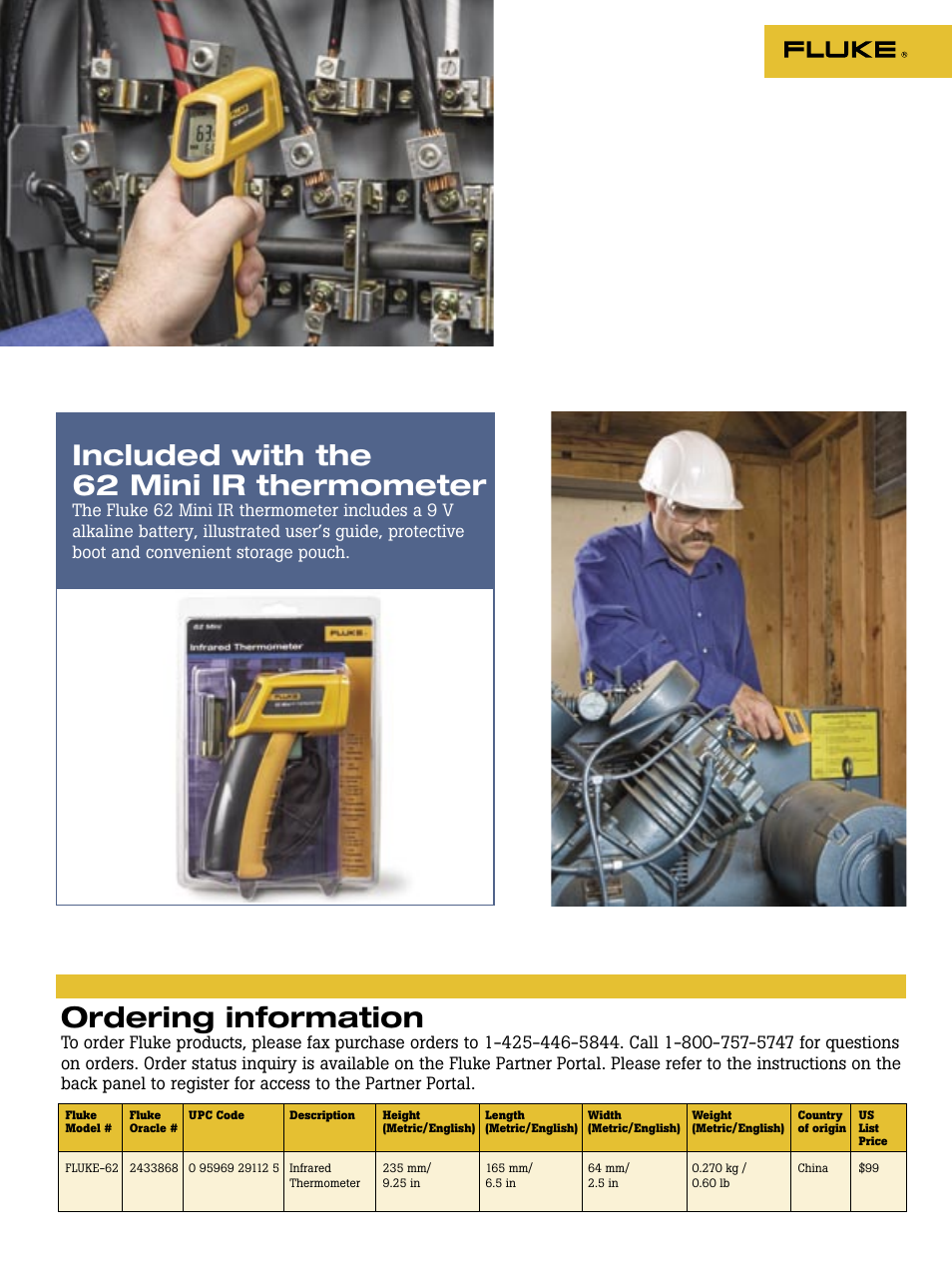 Included with the 62 mini ir thermometer, Ordering information | Fluke 63 User Manual | Page 5 / 12