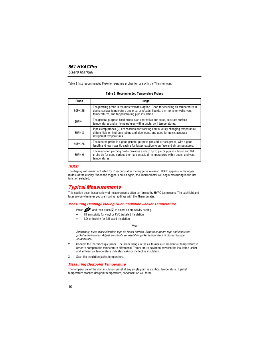 Hold, Typical measurements, Measuring dewpoint temperature | 561 hvacpro | Fluke 561 User Manual | Page 14 / 22