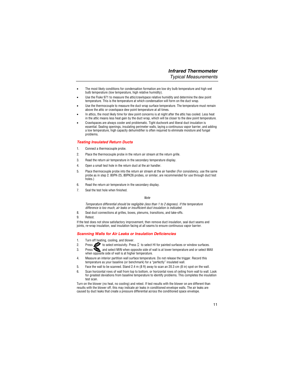 Testing insulated return ducts, Infrared thermometer typical measurements | Fluke 561 User Manual | Page 15 / 22