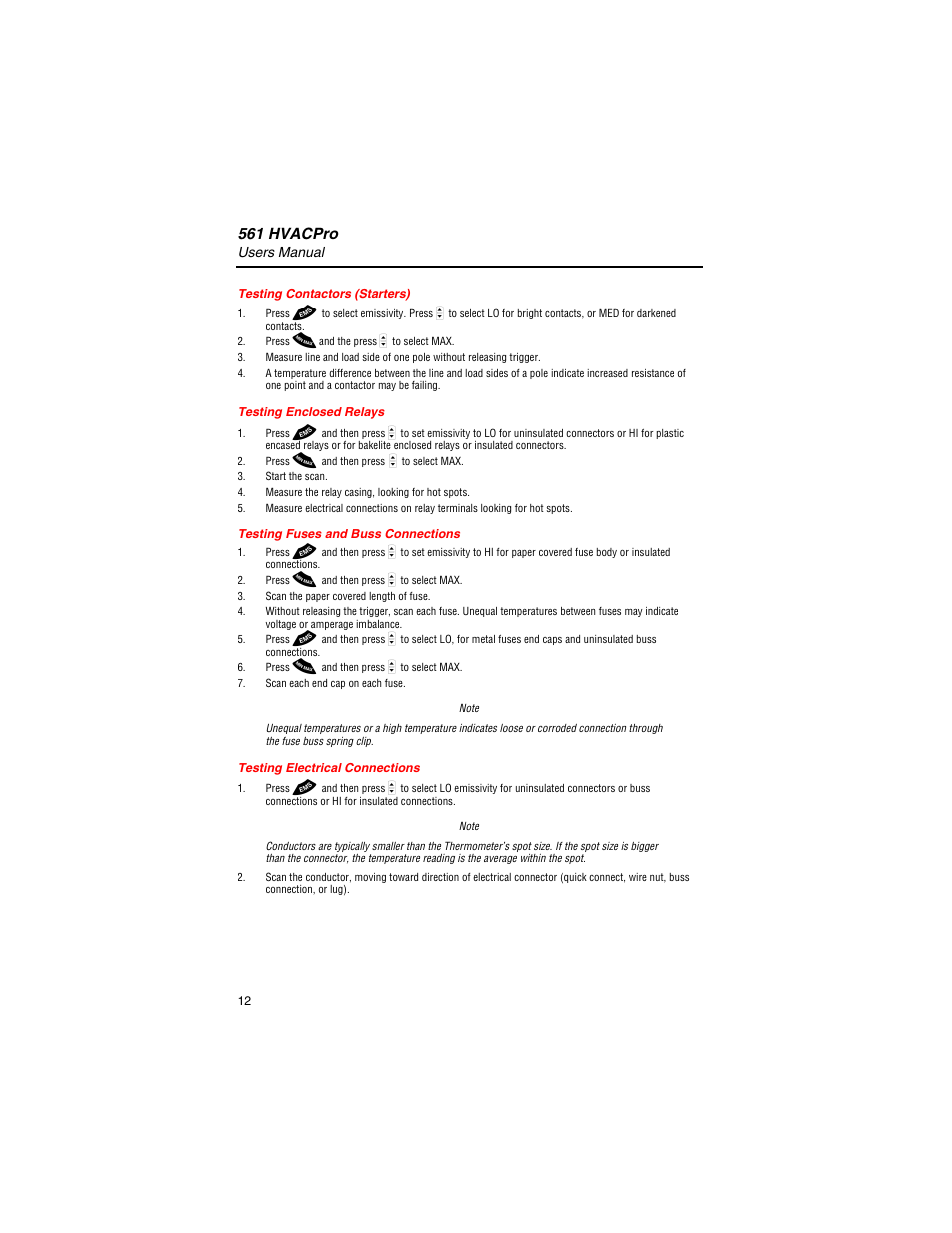 Testing contactors (starters), Testing enclosed relays, Testing fuses and buss connections | Testing electrical connections, 561 hvacpro | Fluke 561 User Manual | Page 16 / 22