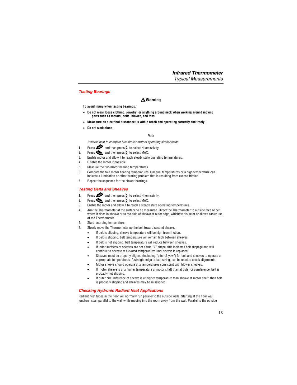 Testing bearings, Testing belts and sheaves, Checking hydronic radiant heat applications | Infrared thermometer typical measurements | Fluke 561 User Manual | Page 17 / 22