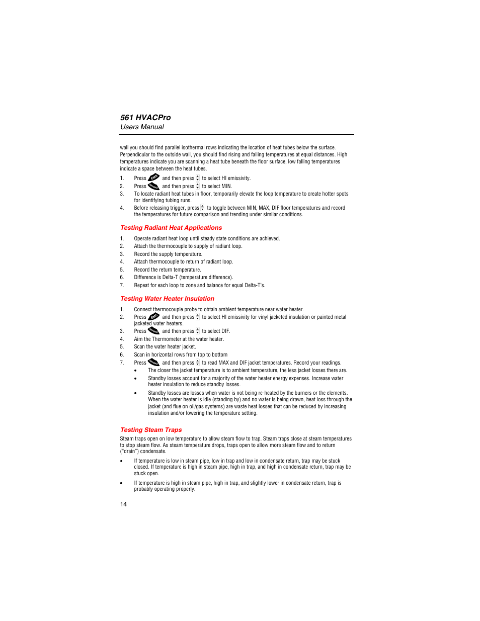 Testing radiant heat applications, Testing water heater insulation, Testing steam traps | 561 hvacpro | Fluke 561 User Manual | Page 18 / 22