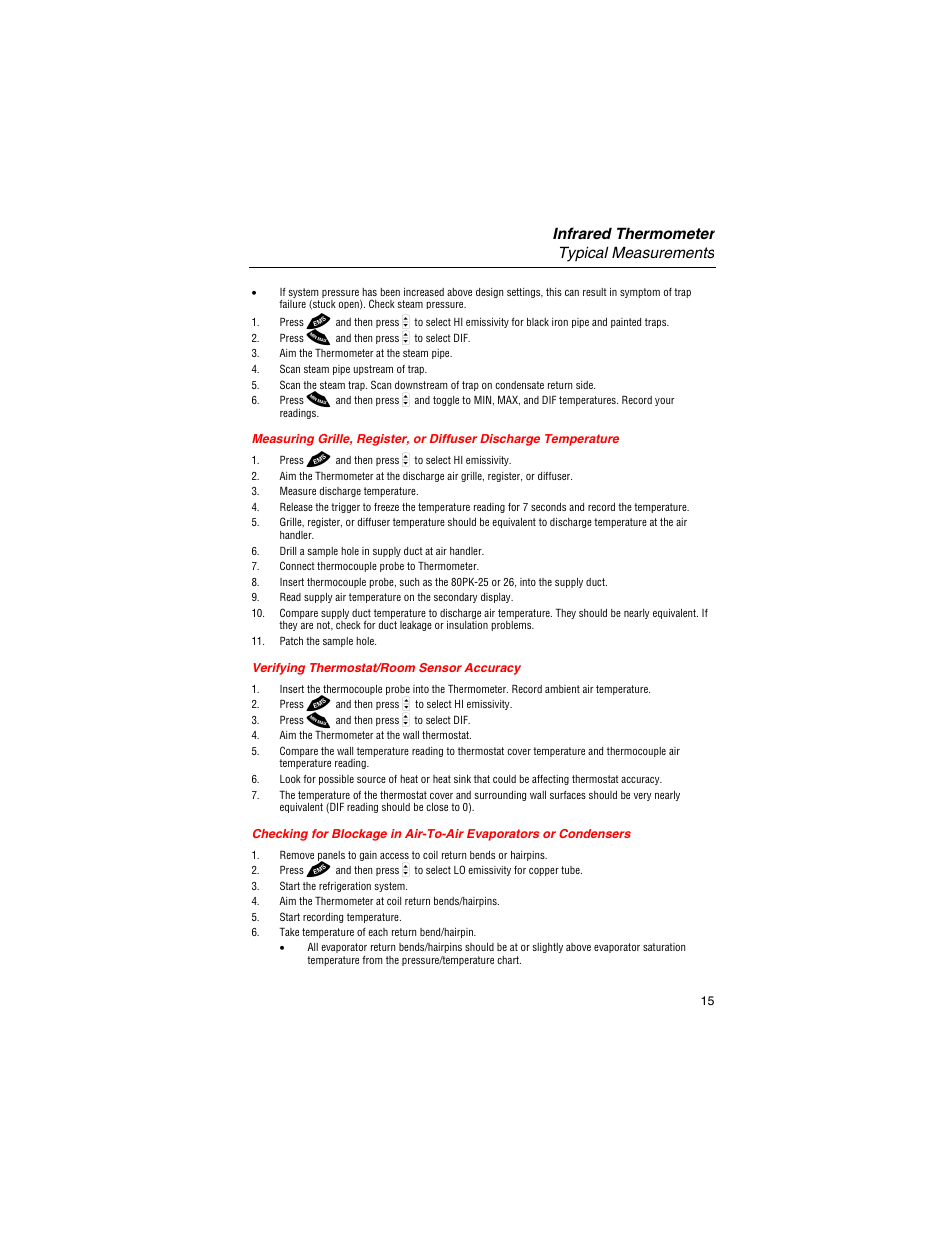 Verifying thermostat/room sensor accuracy, Infrared thermometer typical measurements | Fluke 561 User Manual | Page 19 / 22