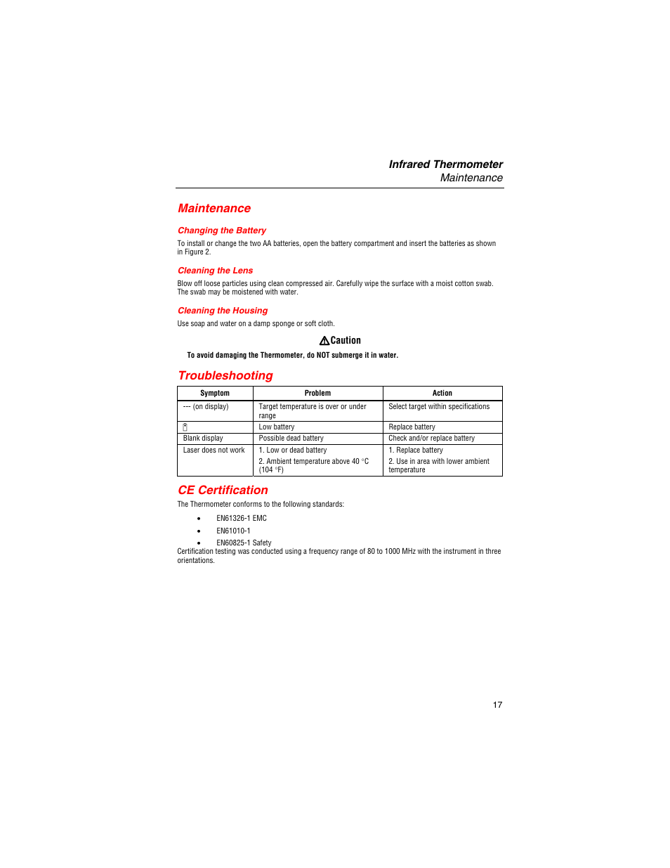Maintenance, Changing the battery, Cleaning the lens | Cleaning the housing, Troubleshooting, Ce certification, Infrared thermometer maintenance | Fluke 561 User Manual | Page 21 / 22