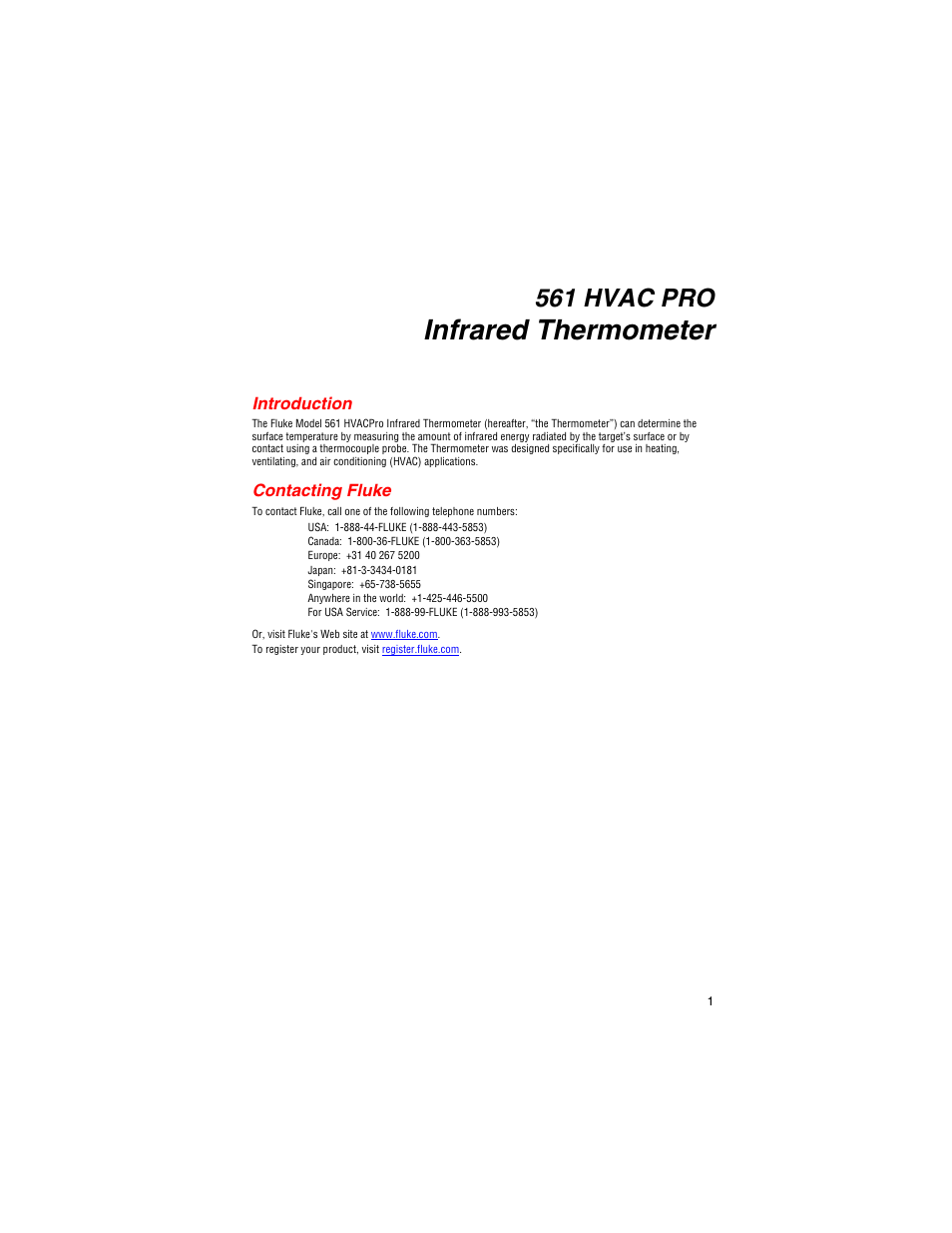 Infrared thermometer, Introduction, Contacting fluke | 561 hvac pro | Fluke 561 User Manual | Page 5 / 22