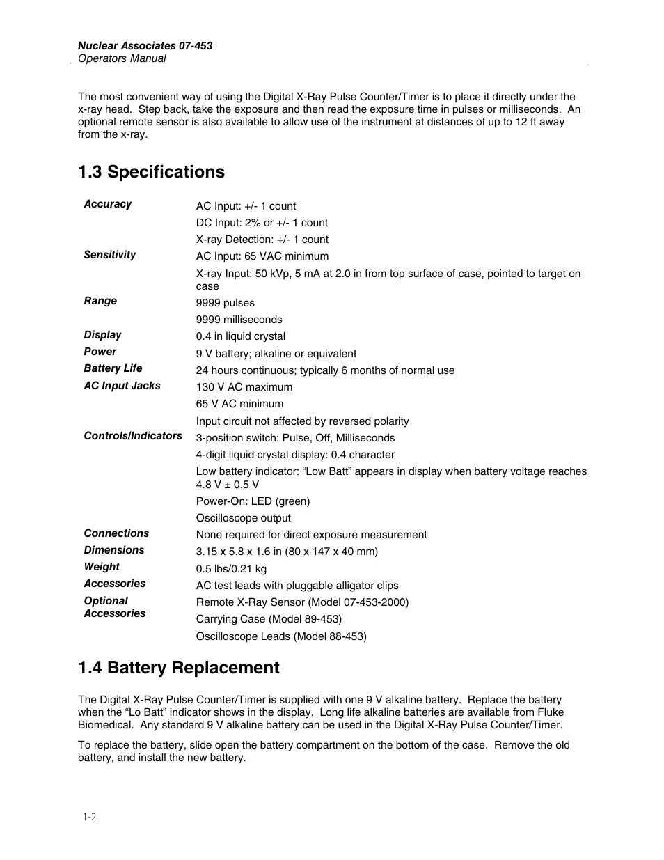 3 specifications, 4 battery replacement | Fluke 07-453 User Manual | Page 6 / 10