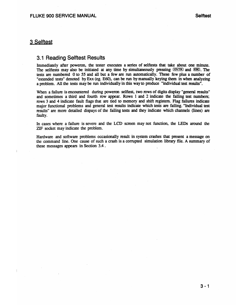 3 selftest, 1 reading selftest results, 3 selftest -1 | 1 reading selftest results -1, 3 selftest 3.1 reading selftest results | Fluke 900 User Manual | Page 25 / 182