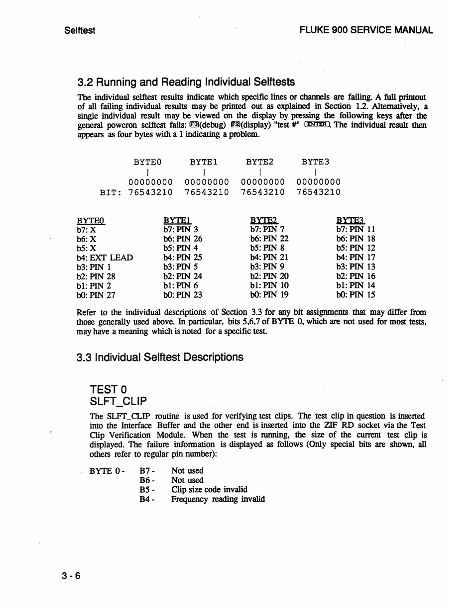 2 running and reading individual selftests, 3 individual selftest descriptions, Test 0 slft_clip | Test 0 slft_clip - 6 | Fluke 900 User Manual | Page 30 / 182