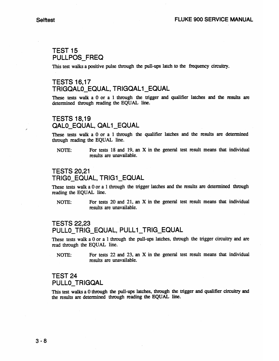 Test 15 pullpos_freq, Tests 16,17, Trigqalo_equal, trigqal1_equal | Tests 18,19, Qal0_equal, qal1_equal, Trigo_equal, trig1_equal, Tests 22 23, Pullo_trig_equal, pull1_trig_equal, Tests 22,23 pullo_trig_equal, pull1_trig_equal - 8, Test 24 pullo trigqal | Fluke 900 User Manual | Page 32 / 182