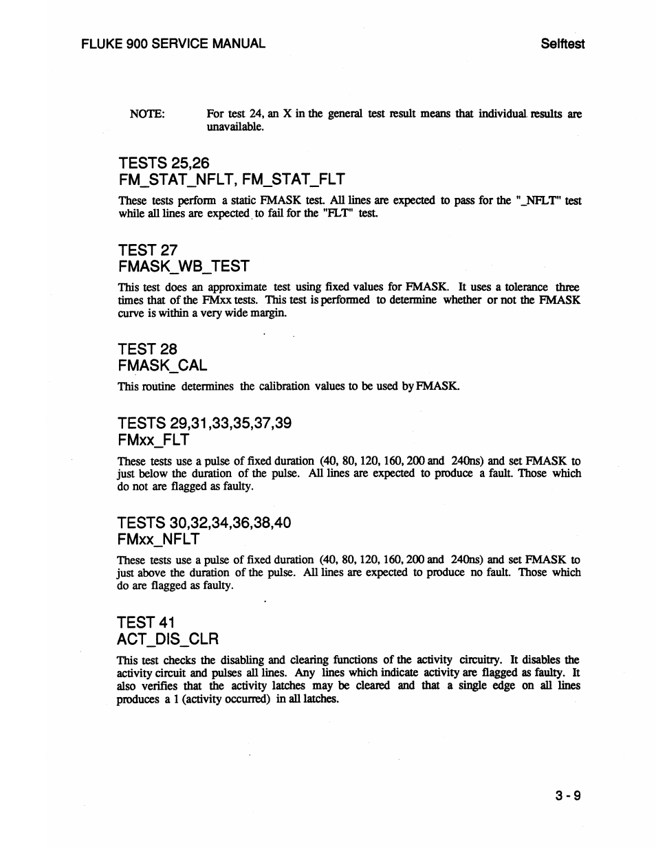 Tests 25,26, Fm_stat_nflt, fm_stat_flt, Test 27 | Fmask_wb_test, Test 28 fmask_cal, Tests 29,31,33,35,37,39 fmxx_flt, Tests 30,32,34,36,38,40 fmxx_nflt, Test 41 act_dis_clr, Tests 25,26 fm_stat_nflt, fm_stat_flt - 9, Tests 25,26 fm_stat_nflt, fm_stat_flt | Fluke 900 User Manual | Page 33 / 182