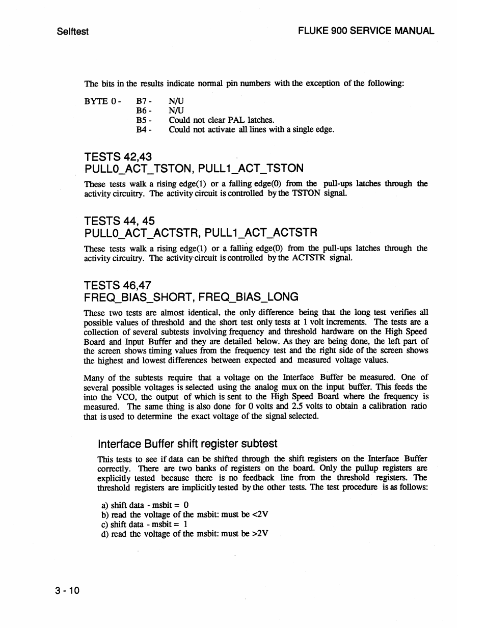 Tests 42 43, Pullo_act_tston, pull1_act_tston, Tests 44, 45 | Pullo_act_actstr, pull1_act_actstr, Tests 46,47, Interface buffer shift register subtest, Interface buffer shift register subtest - 1 0 | Fluke 900 User Manual | Page 34 / 182