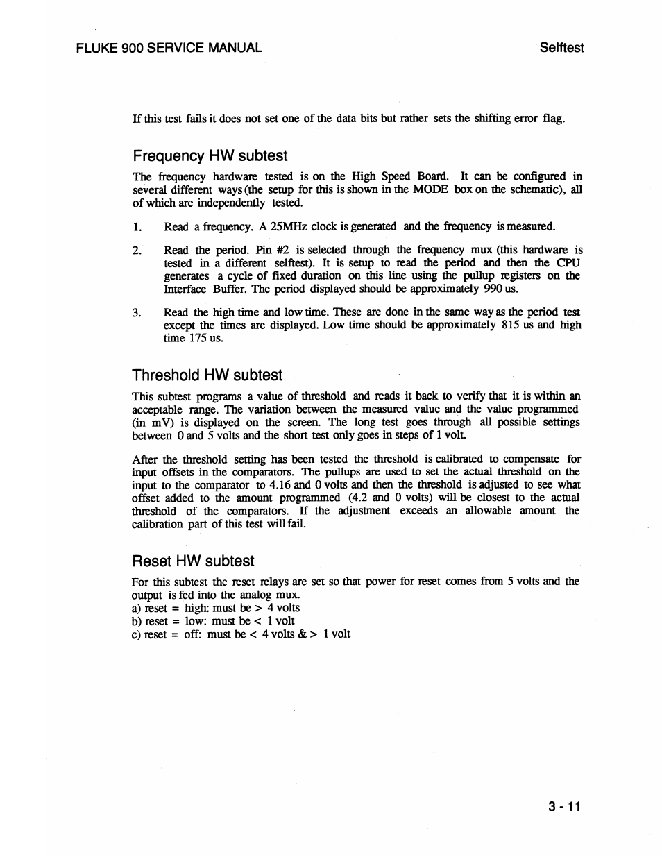 Frequency hw subtest, Threshold hw subtest, Reset hw subtest | Fluke 900 User Manual | Page 35 / 182