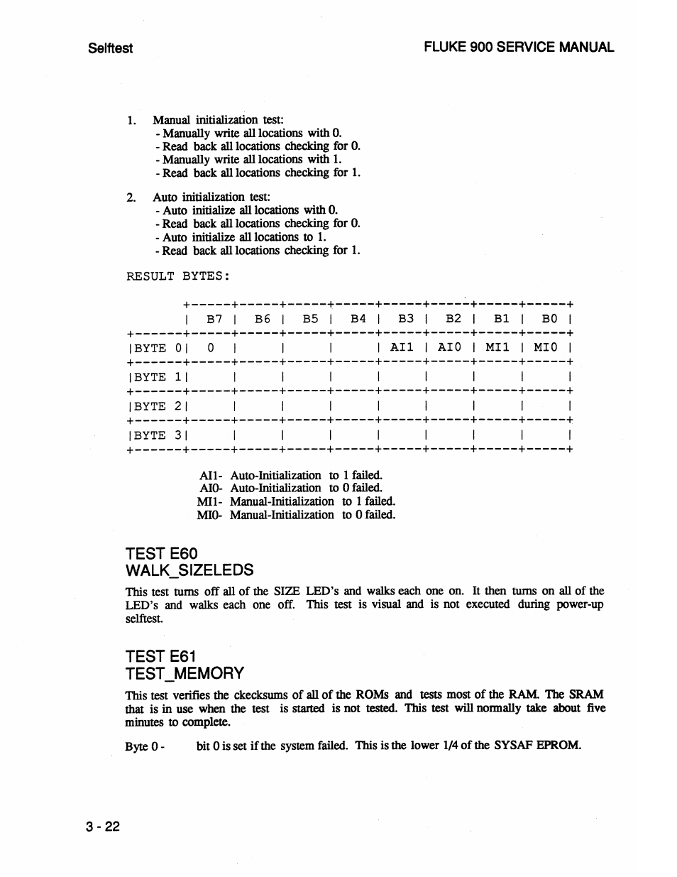 Test e60 walk_sizeleds, Test e61 test_memory, Teste61 testmemory - 2 2 | Fluke 900 User Manual | Page 46 / 182