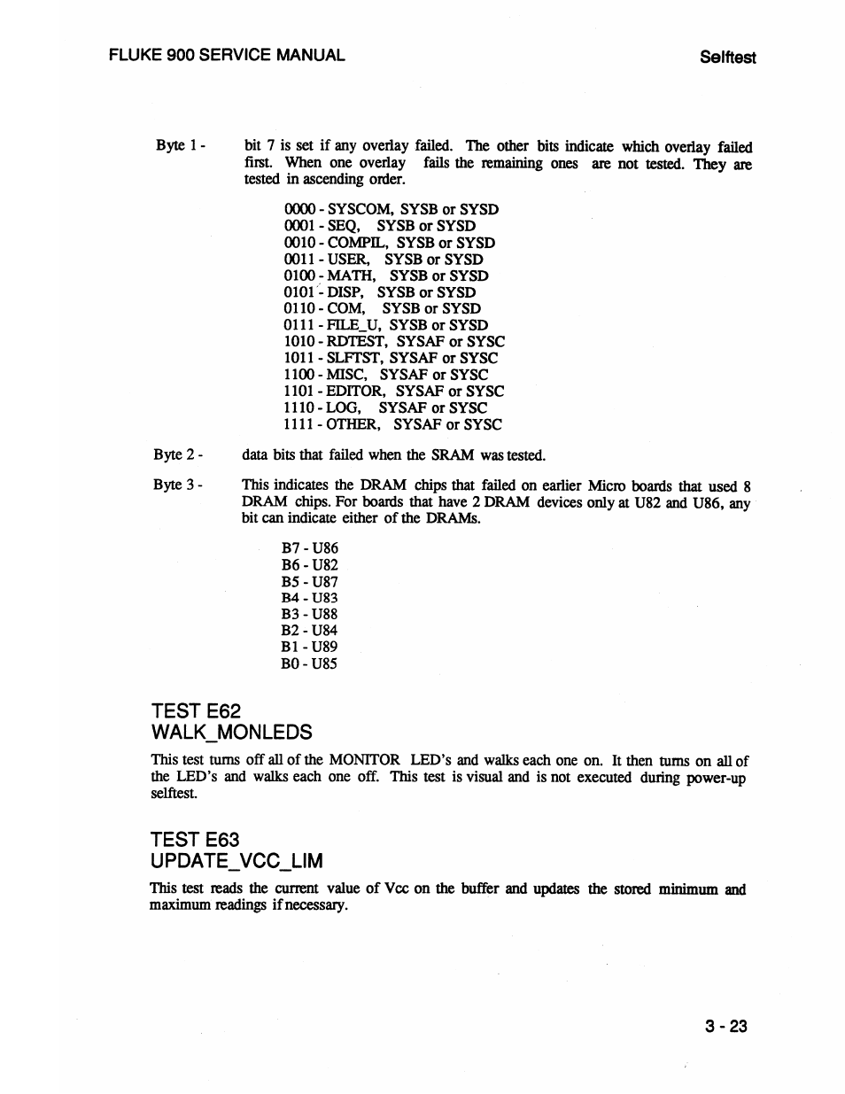 Test e62 walk_monleds, Test e63 update_vcc_lim, Teste62walkmonleds - 2 3 | Fluke 900 User Manual | Page 47 / 182