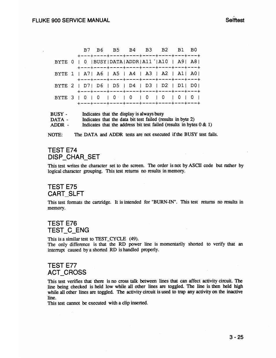 Test e74 disp_char_set, Test e75 cart_slft, Test e76 test_c_eng | Test e77 act_cross, Teste74disp_char_set - 2 5 teste75cart_slft - 2 5, Teste78trg_cross - 2 6 | Fluke 900 User Manual | Page 49 / 182