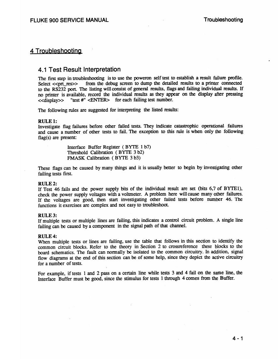 4 troubleshooting, 1 test result interpretation, 4 troubleshooting -1 | 1 test result interpretation -1, 4 troubleshooting 4.1 test result interpretation | Fluke 900 User Manual | Page 53 / 182