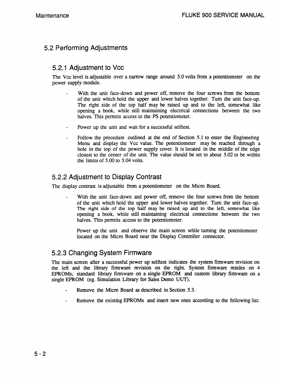 2 performing adjustments 5.2.1 adjustment to vcc, 2 adjustment to display contrast, 3 changing system firmware | Fluke 900 User Manual | Page 80 / 182