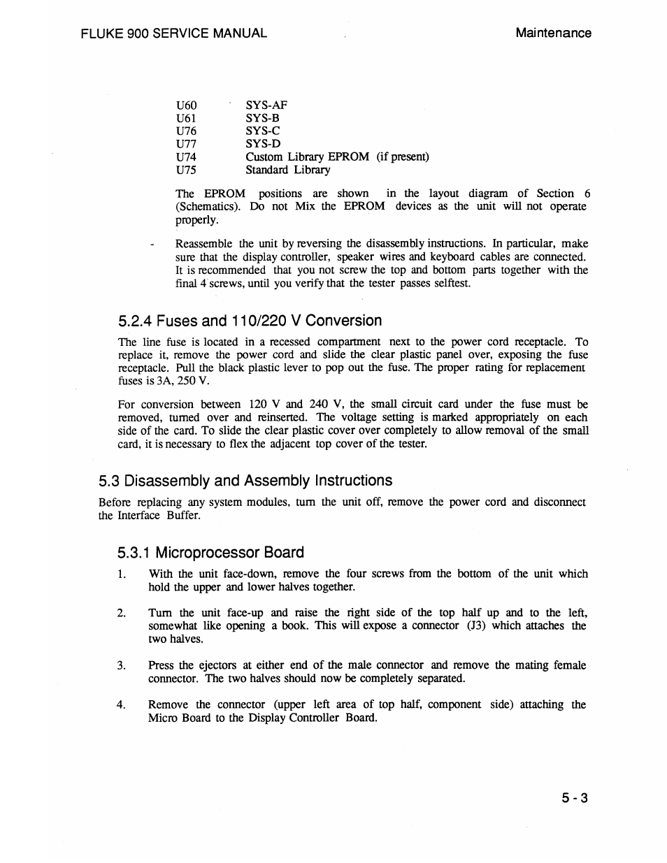 3 disassembly and assembly instructions, 1 microprocessor board | Fluke 900 User Manual | Page 81 / 182