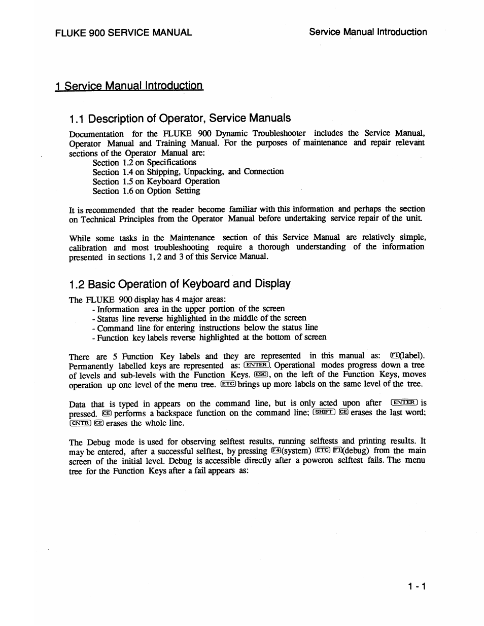 1 service manual introduction, 1 description of operator, service manuals, 2 basic operation of keyboard and display | 1 service manual introduction -1 | Fluke 900 User Manual | Page 9 / 182