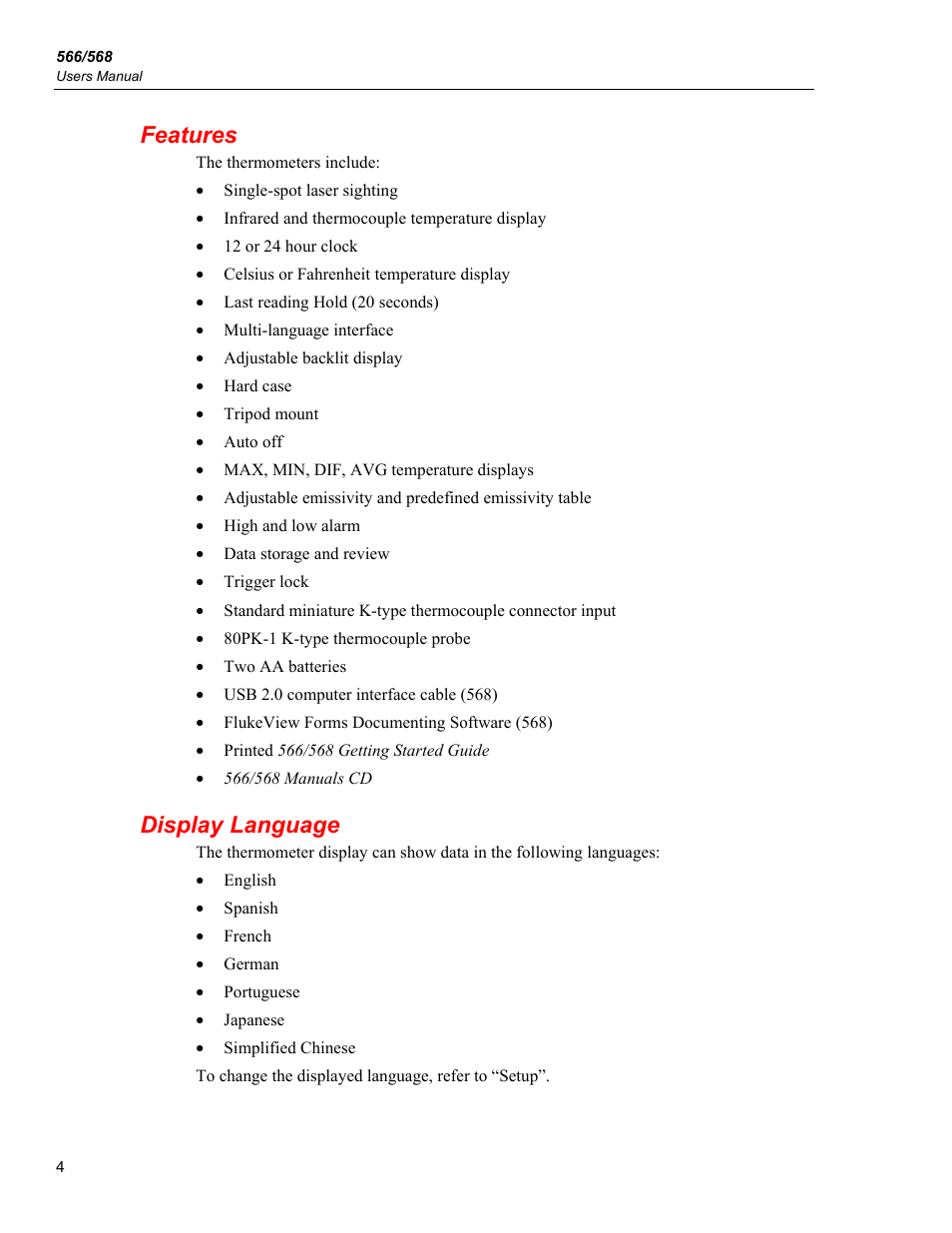 Features, Display language | Fluke 566 User Manual | Page 12 / 30