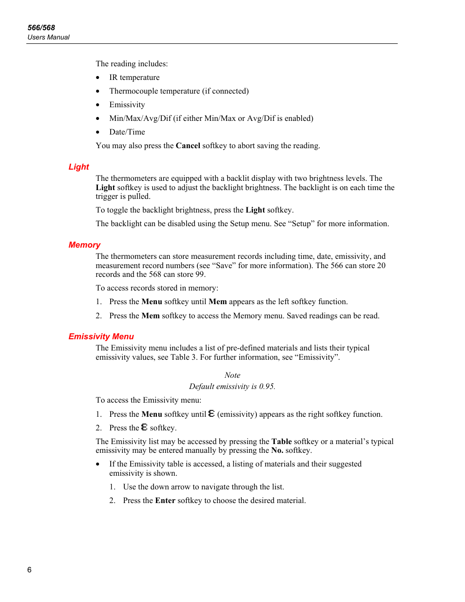 Light, Memory, Emissivity menu | Fluke 566 User Manual | Page 14 / 30