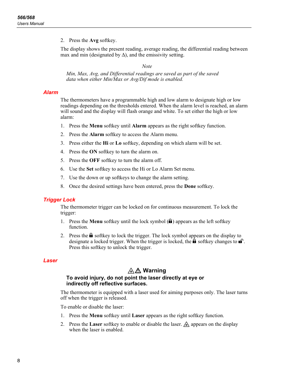 Alarm, Trigger lock, Laser | Fluke 566 User Manual | Page 16 / 30