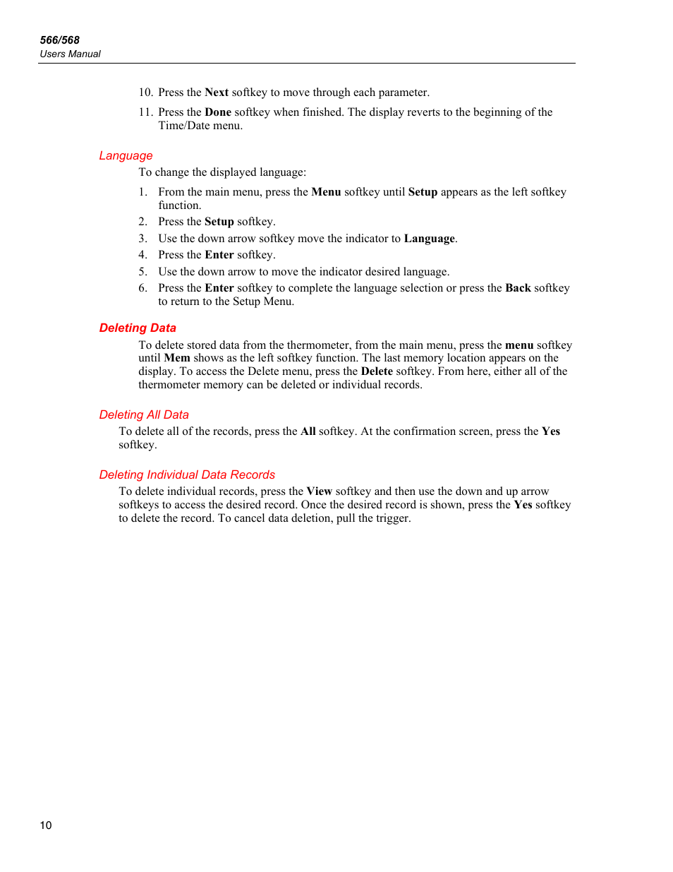 Language, Deleting data, Deleting all data | Deleting individual data records | Fluke 566 User Manual | Page 18 / 30