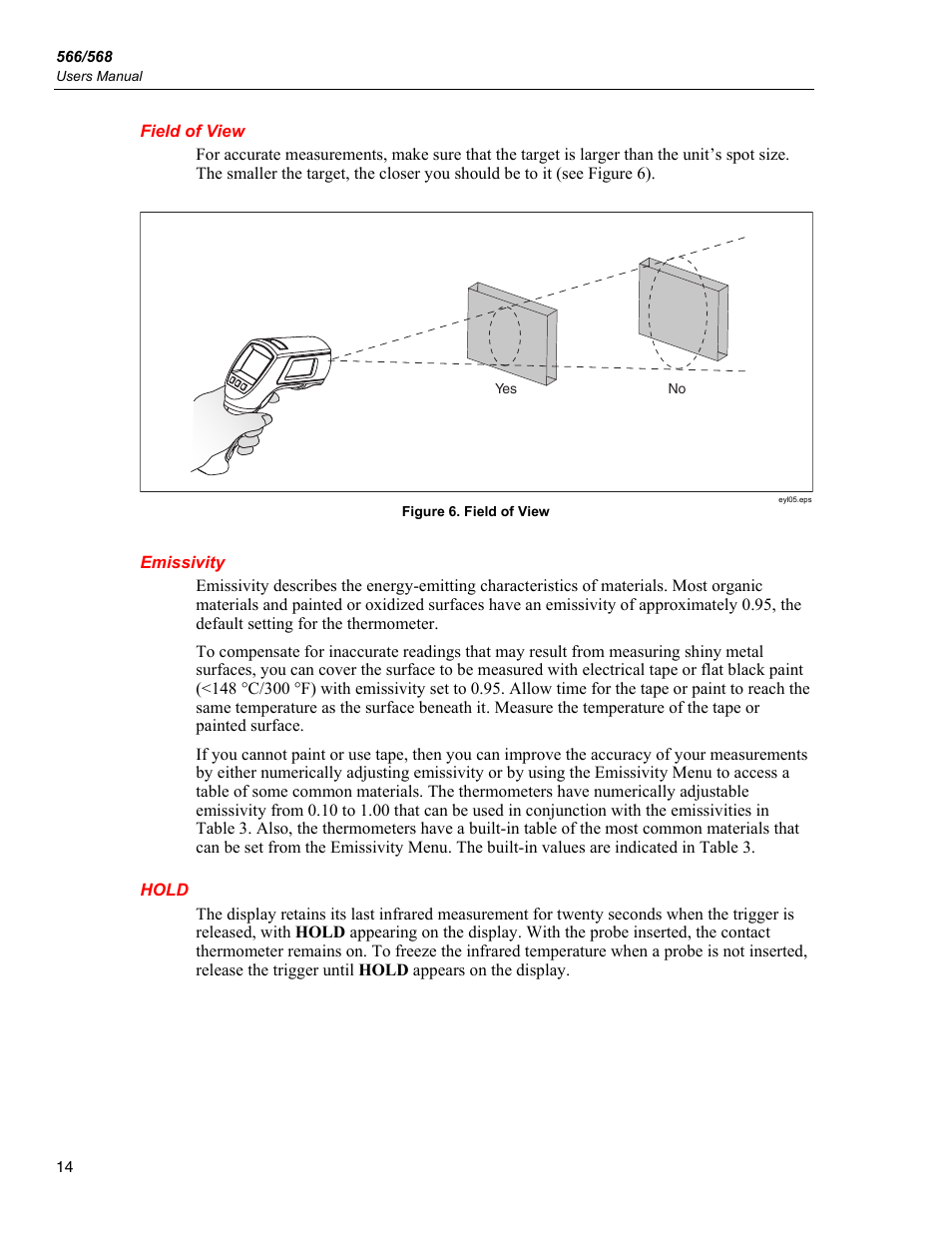 Field of view, Emissivity, Hold | Fluke 566 User Manual | Page 22 / 30