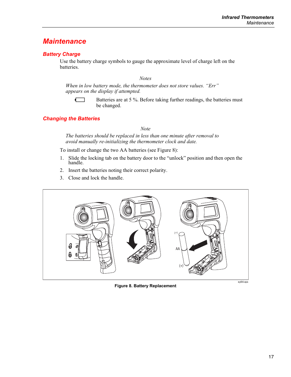 Maintenance, Battery charge, Changing the batteries | Fluke 566 User Manual | Page 25 / 30