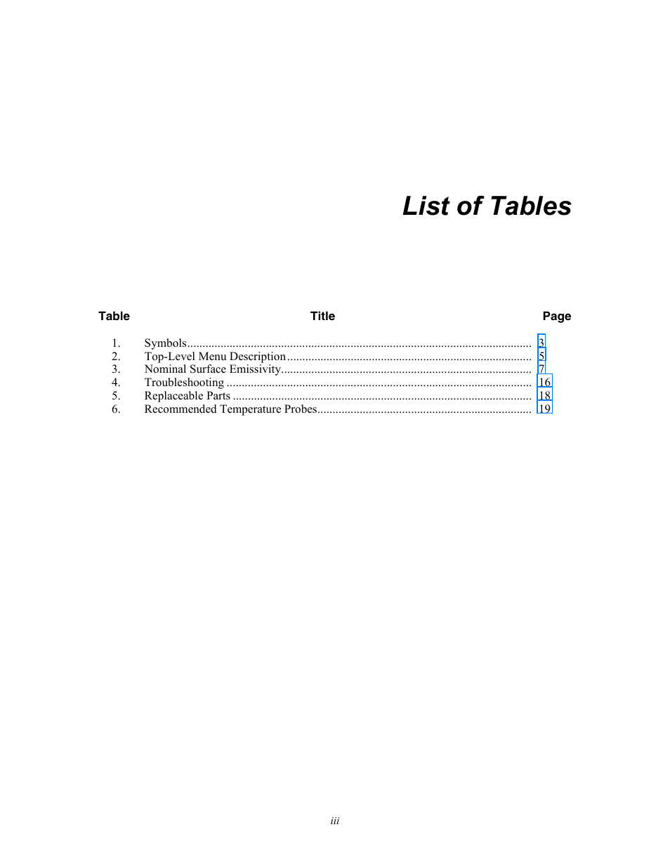 List of tables | Fluke 566 User Manual | Page 5 / 30