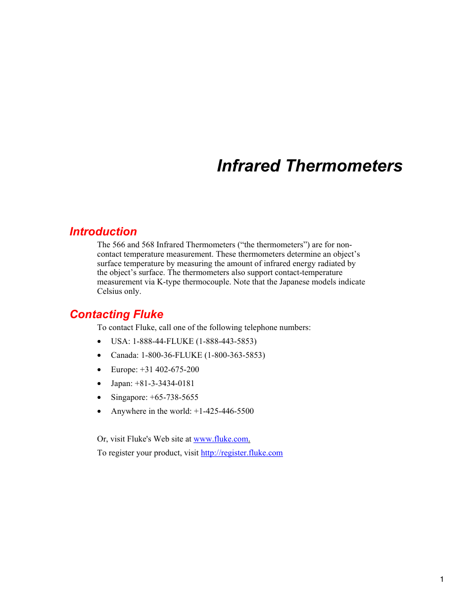 Introduction, Contacting fluke, Infrared thermometers | Fluke 566 User Manual | Page 9 / 30