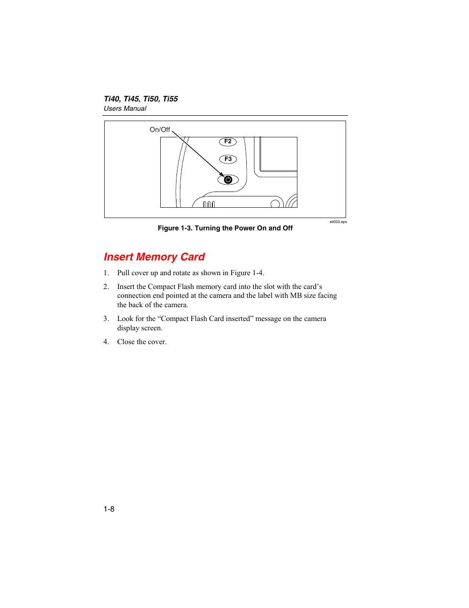 Insert memory card | Fluke Ti50 User Manual | Page 18 / 136