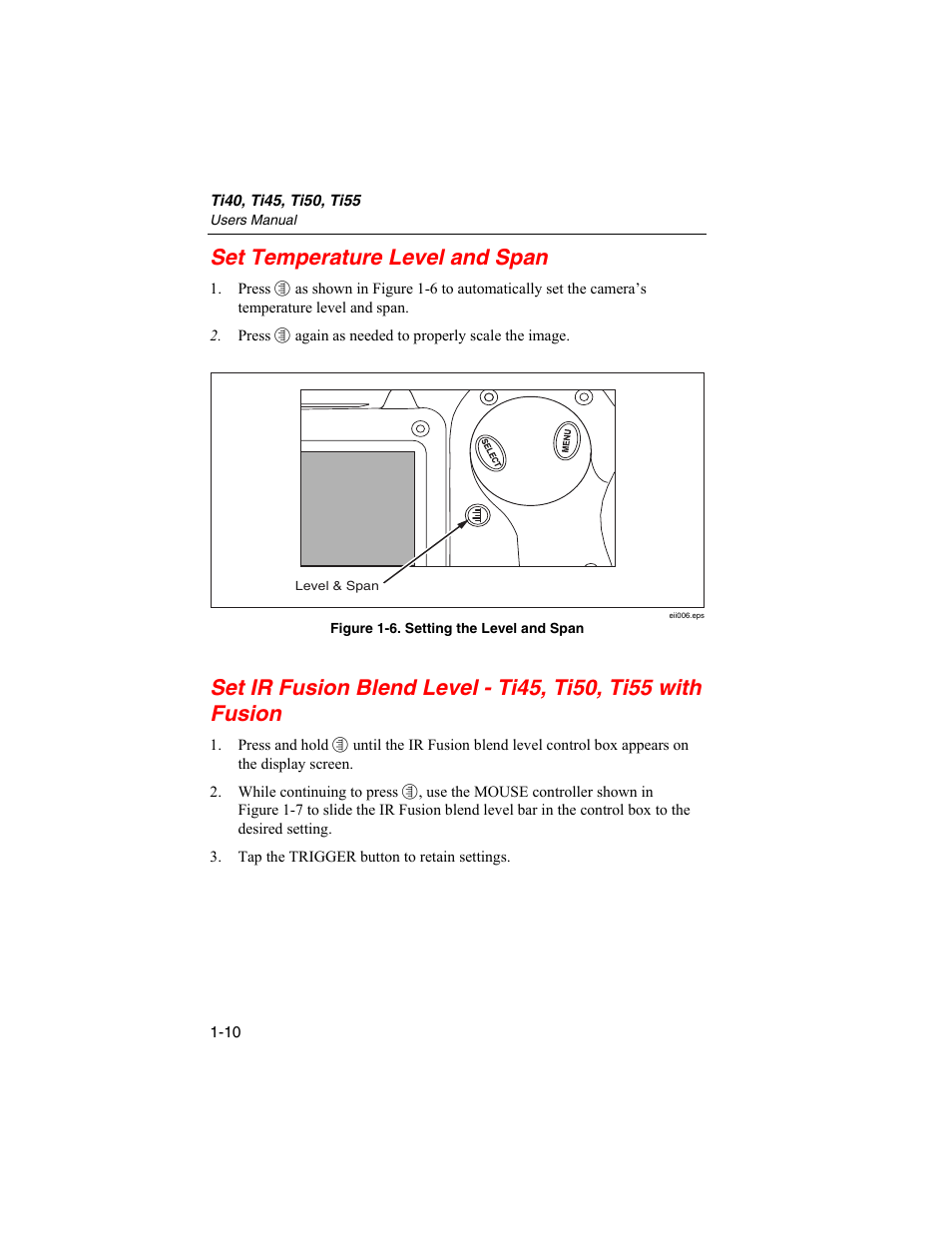 Set temperature level and span | Fluke Ti50 User Manual | Page 20 / 136