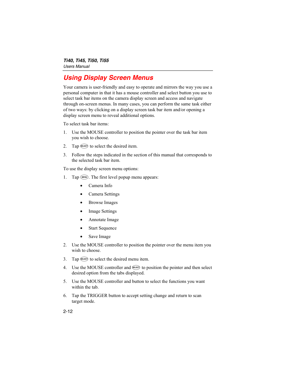 Using display screen menus | Fluke Ti50 User Manual | Page 36 / 136