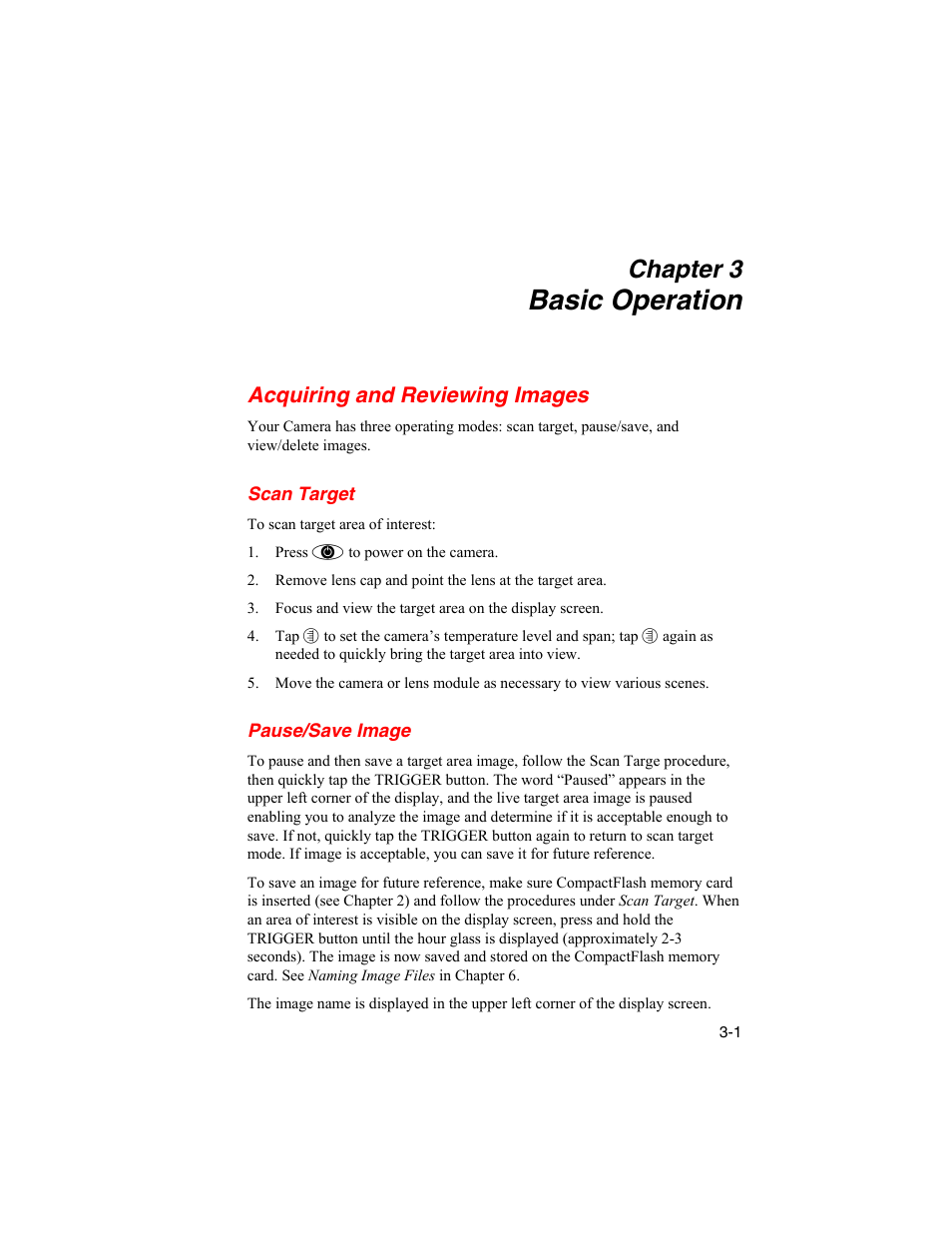Basic operation, Acquiring and reviewing images, Scan target | Pause/save image, Chapter 3 | Fluke Ti50 User Manual | Page 39 / 136