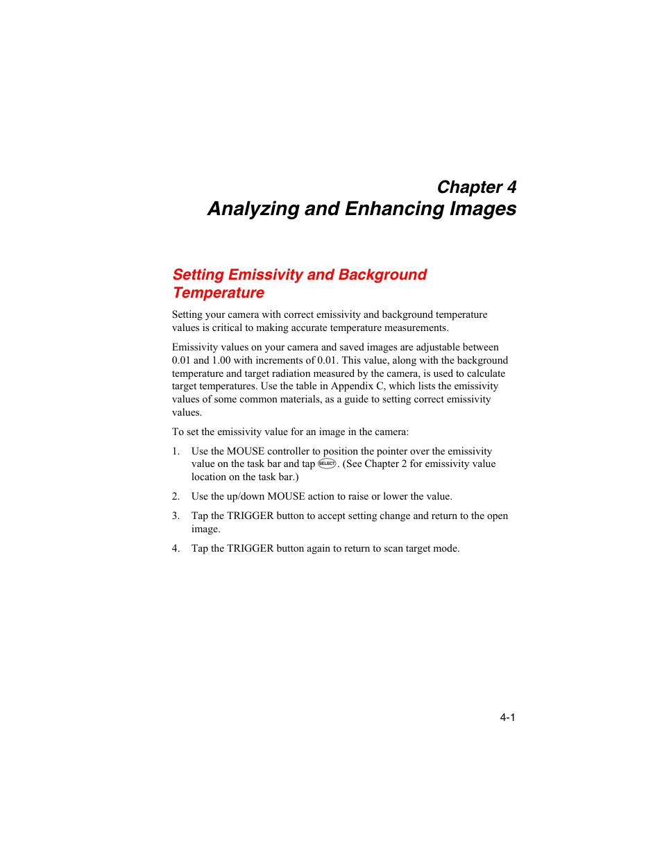 Analyzing and enhancing images, Setting emissivity and background temperature, Chapter 4 | Fluke Ti50 User Manual | Page 43 / 136