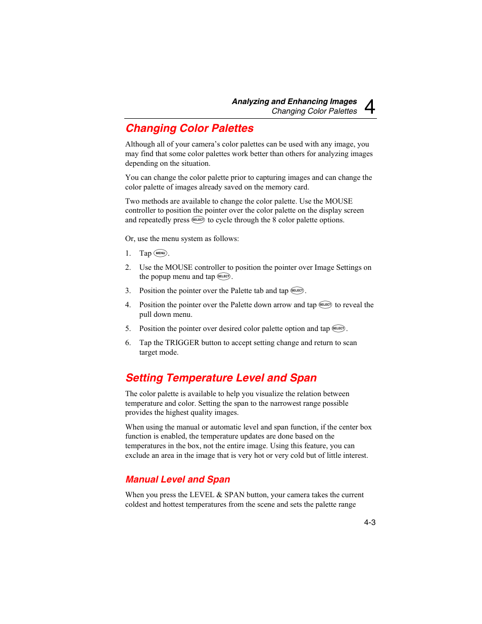 Changing color palettes, Setting temperature level and span, Manual level and span | Fluke Ti50 User Manual | Page 45 / 136
